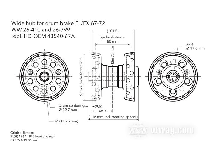 Wheel hub; fits FL(H) 1967-1972 front/rear, FX 1971-1972 rear; steel, black, painted; matching axle Ø: 17 mm; with all internal parts; replaces OEM HD 43540-67A; gross weight: 2.28 kg