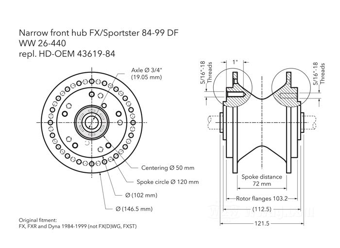 Front hub »Narrow«; fits FX, FXR, Dyna, Sportster 1984-1999 (not FX(D)WG, FXST); aluminum, chrome-plated; Ø centering collar: 50 mm; dual flange 5/16”-18 threads; matching axle Ø: 3/4 ”; with all internal parts; replaces OEM HD 43619-84; gross weight: 2.34 kg