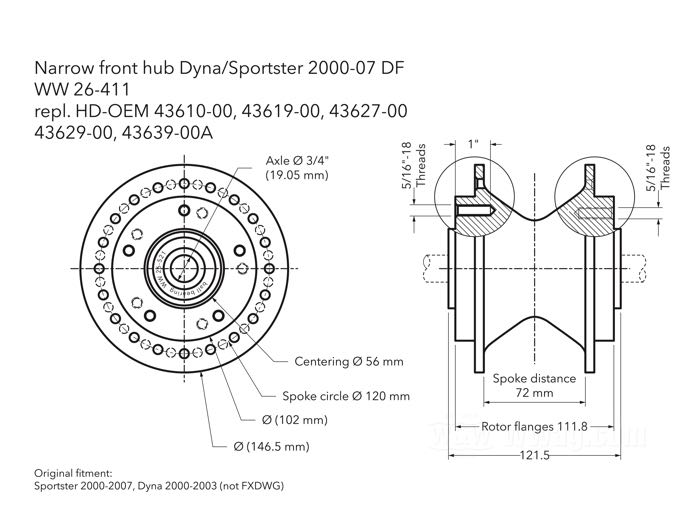 Front hub »Narrow«; fits Sportster R 2000-2007; aluminum, chrome-plated; Ø centering collar: 56 mm; dual flange 5/16”-18 threads; matching axle Ø: 3/4 ”; with all internal parts; replaces OEM HD 43629-00; gross weight: 2.5 kg