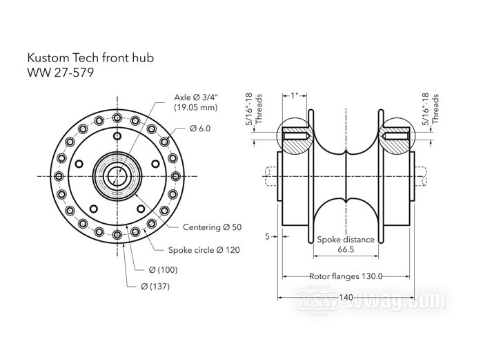 Vorderrad-Nabe von Kustom Tech; für 40 Speichen; Aluminium, poliert; Ø Zentrierbund: 50 mm; Doppelflansch 5/16”-18 Gewinde; Anzahl Speichenbohrungen: 40; passende Radachse Ø: 3/4 ”; mit Radlagern (1973-1999), Dichtringen; Bruttogewicht: 2.09 kg