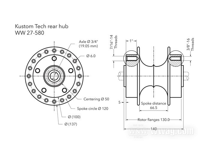 Buje trasero de Kustom Tech; para 40 radios; aluminio, pulido; Ø cuello de centrado: 50 mm; brida doble, roscas de 3/8”-16 y 7/16