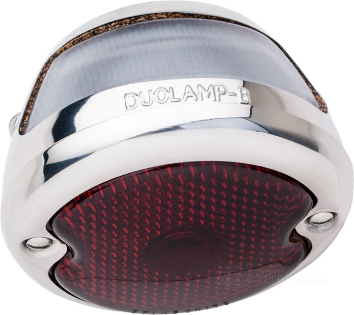 Taillight »33-36 Ford« by Mooneyes; steel / glass, chrome-plated; depth: 65 mm; Ø 97 mm; bulb type: P21/5W; 12 V; socket: BAY15d; with bulb(s); with stop light; with license illumination; without license bracket; gross weight: 312 g