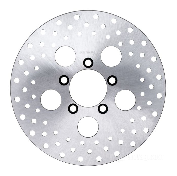 Bremsscheibe; passend für Sportster und FX 1977-1983; Edelstahl, gelocht; Ø 10”; Montageposition: vorne; Montagebohrungen: 5/16” konische Senkung; Innen-Ø: 61 mm; ersetzt OEM HD 44137-92; Bruttogewicht: 1.46 kg