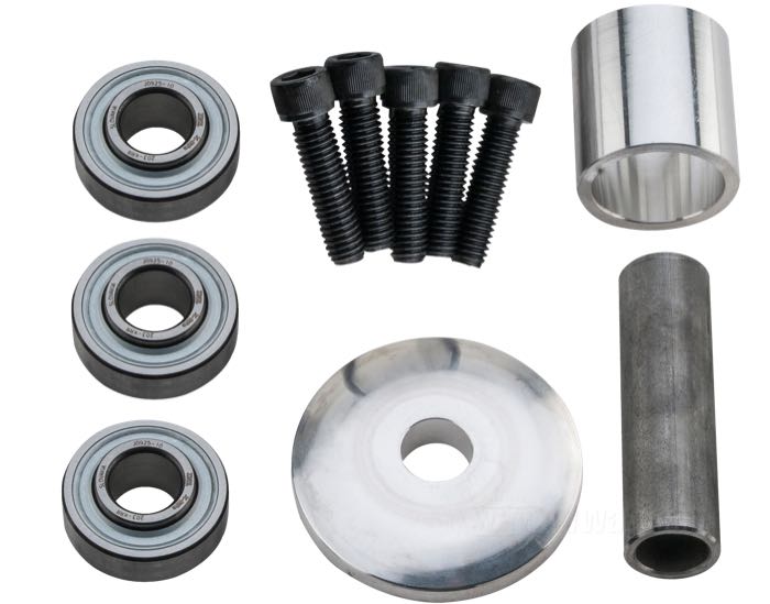 Mounting kit by Cannonball; for MAG-12 Wheels; fits FL(H) 1967-1972 front/rear, FX 1971-1972 rear; billet aluminum, machined finish; matching axle Ø: 17 mm; with bearings, bearing spacers and small parts; Germany; gross weight: 711 g
