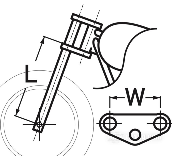 Hydraulic fork »Narrow« by W&W Cycles; fits Knucklehead 1936, Big Twin 1937-1986; aluminum / steel; Ø fork tubes: 39 mm; measures according to drawing:  L: 575 mm, W: 180 mm; width cente to center: 180 mm; gross weight: 16.66 kg