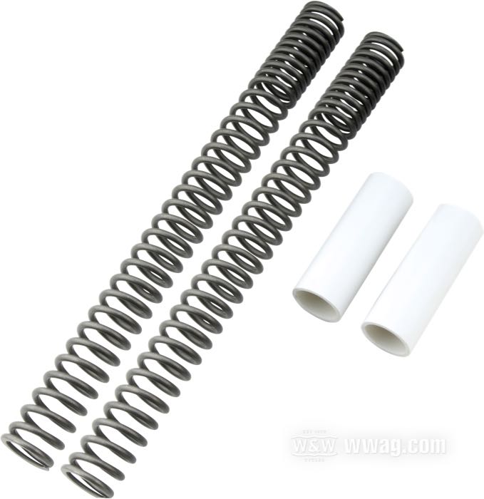 Kit de ressorts de Progressive Suspension; pour Fourche hydraulique; pour tubes de 49 mm; adaptable à V-Rod 2002→ (pas les inversées), Dyna 2006→, FXCW 2008→; acier, naturel; longueur: 460 mm; Ø 43 mm; USA; poids brut: 2.54 kg