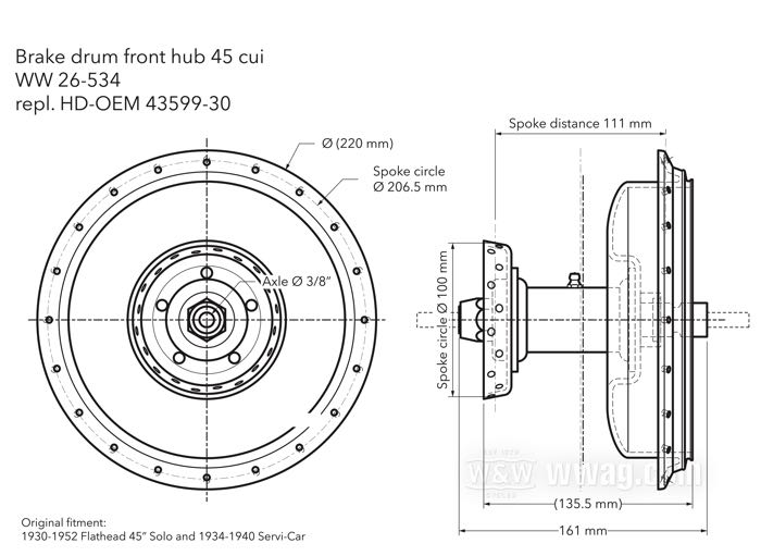 Ruota a raggi; atto per 45”/750 cc solo  1930-1952 (ecc. WLC),  Servi-Car 1934-1940, modelli C 1930-1934 ; acciaio, con stampo KHW; mozzo con semitamburo anteriore 45”/750 cc; finissaggio mozzo: nero rivestito(a) a polvere; profilo: canale semi-profondo; finissaggio cerchio: nero rivestito(a) a polvere; 2.15x18 ”; raggi: acciaio cadmiato (ZnNi); perno ruota adatto Ø: 3/8 ”; valvola di metallo centrale; Punto installazione: anteriore; con perno ruota; peso lordo: 9.4 kg