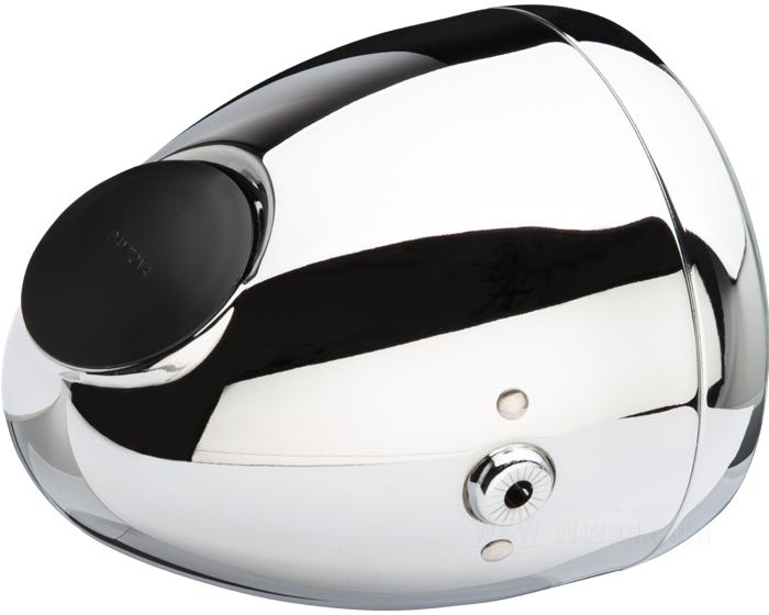 Headlight complete »Vintage« by Daytona; steel, chrome-plated; depth: 180 mm; Ø 155 mm; for headlight insert (Ø): 5-3/4”; bulb type: H4 / W5W; 12 V; 60/55 W + 4 W; socket: P43t / W2.1x9.5d; with 12 V bulb; with insert; with position light function; E4 approved; gross weight: 1.11 kg