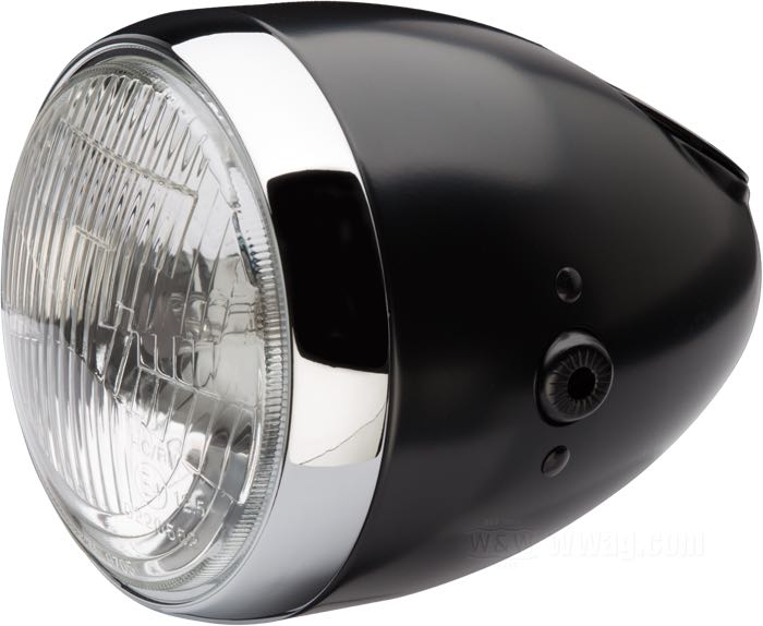 Headlight complete »Vintage« by Daytona; steel, black, electro-deposited, with chromed bezel; depth: 180 mm; Ø 155 mm; for headlight insert (Ø): 5-3/4”; bulb type: H4 / W5W; 12 V; 60/55 W + 4 W; socket: P43t / W2.1x9.5d; with 12 V bulb; with insert; with position light function; E4 approved; gross weight: 1.1 kg