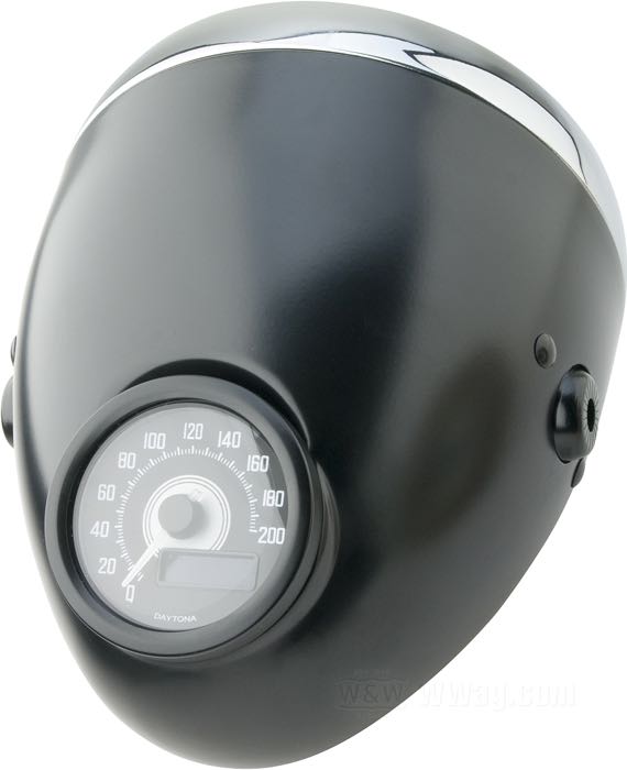 Headlight complete »Vintage« by Daytona; steel, black, electro-deposited, with chromed bezel; depth: 180 mm; Ø 155 mm; for headlight insert (Ø): 5-3/4”; bulb type: H4 / W5W; 12 V; 60/55 W + 4 W; socket: P43t / W2.1x9.5d; with 12 V bulb; with insert; with position light function; E4 approved; gross weight: 1.1 kg