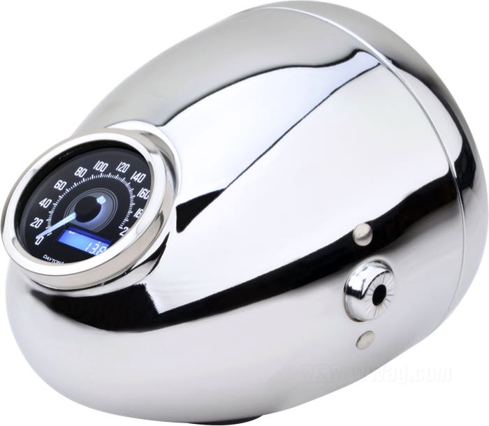 Headlight complete »Vintage« by Daytona; steel, chrome-plated; depth: 180 mm; Ø 155 mm; for headlight insert (Ø): 5-3/4”; bulb type: H4 / W5W; 12 V; 60/55 W + 4 W; socket: P43t / W2.1x9.5d; with 12 V bulb; with insert; with position light function; E4 approved; gross weight: 1.11 kg