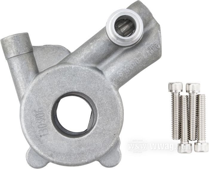 Oil pump by Daytona; fits Twin Cam 96; cast aluminum, cast finish; with mounting screws; replaces OEM HD 26037-06; gross weight: 660 g