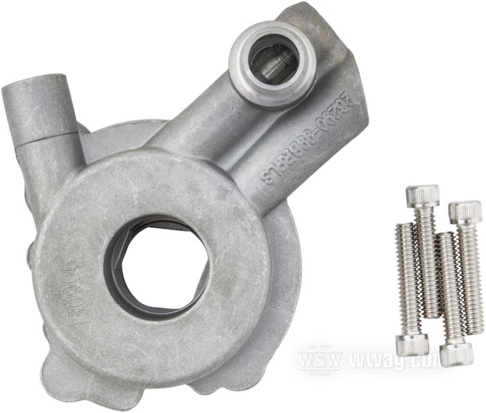 Oil pump by Daytona; fits Twin Cam 88; cast aluminum, cast finish; with mounting screws; replaces OEM HD 26035-99; gross weight: 660 g