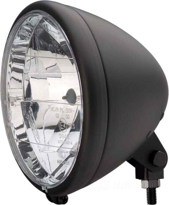Faro completo »Phantom«; acero, negro mate, barnizado; fondo: 130 mm; Ø 179 mm; para óptica (Ø): 6-1/2”; tipo de bombilla: H4 / W5W; 12 V; 60/55 W; casquillo: P43t / W2.1x9.5d; con bombilla 12 V; con lente incolora y reflector faceteado; con bloque de montaje; con función de luz de posición; homologado E4; peso bruto: 1.13 kg