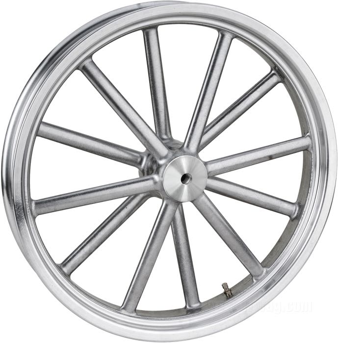 Ruota »MAG-12« di Cannonball; atto per Big Twin OHV 1936-1966 davanti e 1936-1957 dietro, Big Twin SV 1937→ davanti e dietro, W(L) 1937-1952 dietro; alluminio fuso, burattato; mozzo tipo 1936-66 adattato per freno a tamburo meccanico; 2.5x19 ”; perno ruota adatto Ø: 17 mm; valvola di metallo centrale; certificato, omologato JWL (JASO); Germania; peso lordo: 7.5 kg