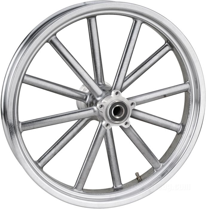 Rear wheel »MAG-12« by Cannonball; cast aluminum, tumble polished; adapted rear hub 2011→ type with ABS-sensor; Ø centering collar: 56 mm; dual flange 3/8”-16 and 7/16