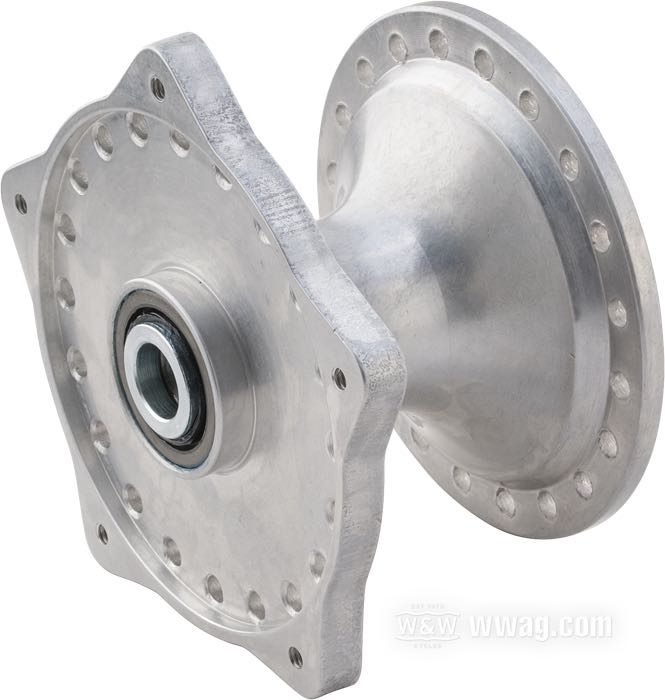 Vorderrad-Nabe »schmal«; passend für XL und FX 1974-1977; Aluminium, trommelpoliert; Einzelflansch 1/4”-20 Gewinde; passende Radachse Ø: 3/4 ”; mit allen Innereien; ersetzt OEM HD 43600-74; Bruttogewicht: 1.78 kg