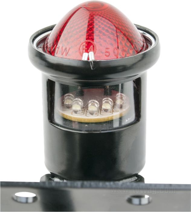 Rücklicht »Vintage Custom«; verstellbar; Stahl, schwarz, Linse aus Kunststoff; Ø 36 mm; Glühlampen-Typ: LED; 12 V; mit Bremslicht; mit Kennzeichenbeleuchtung; mit Kennzeichenhalter; E4 geprüft; Bruttogewicht: 288 g