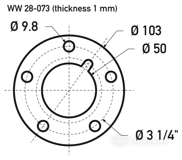 Shim by Bates; for Brake rotor; fits models 1973-1999 except FX/XL with narrow front hub 1973-1983; stainless steel, with notch for speedo drive; Ø centering collar: 50 mm; outer Ø: 103 mm; offset: 1 mm; max. Ø of mounting bolts: 3/8”; replaces OEM HD 41814-76A; Germany; gross weight: 47 g