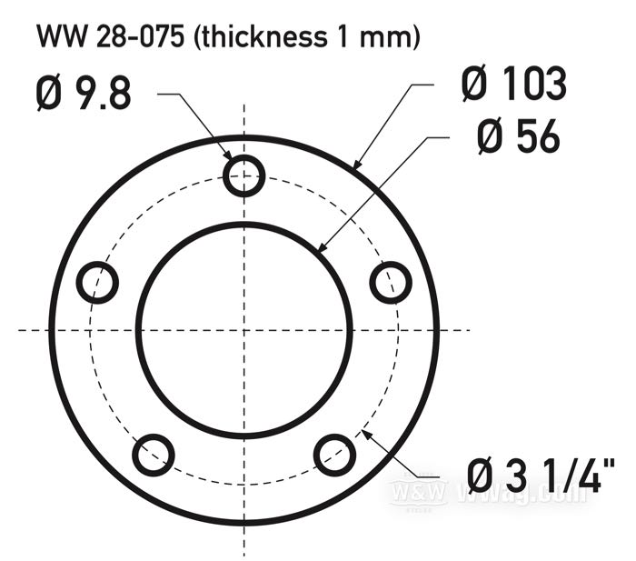 Rondella spessore di Bates; per Disco di freno; atto per modelli 2000→; acciaio inox; Ø collare centraggio: 56 mm; Ø esterno: 103 mm; disassamento: 1 mm; max. Ø viti di montaggio: 3/8”; Germania; peso lordo: 43 g
