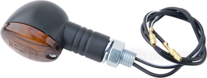 Clignotants (la paire) »Micro Flash«; plastique, noir; longueur x largeur: 60 x 30 mm; type ampoule: H21W; cabochon: fumé; filetage: M10; 12 V; culot: BAY9s; halogène; avec ampoule; homologué E11; Chine; poids brut: 110 g