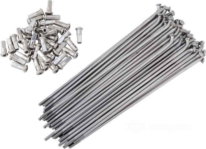 Jeu de rayons; pour Mini tambour avant Kustom Tech; acier inox, poli; longueur L1: 220 mm; diamètre D1: 5 mm; diamètre D2: 4 mm; angle α: 124 °; filetage: 8G-32; pour jantes à base profonde 21