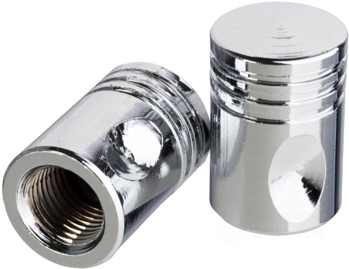 Tapa de válvula »Pistón« de Mooneyes; acero, cromado; alto: 19 mm; Ø 12 mm; peso bruto: 97 g