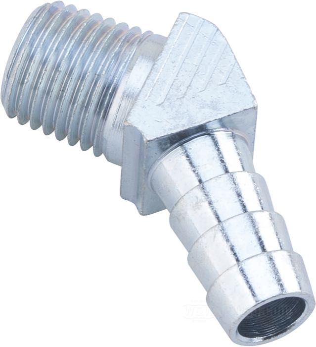 Fitting; for case ventilation; fits Big Twin 1984-1992; for 3/8” ID hoses; brass, zinc plated, 45°; connection thread: 1/4”-18 NPT; replaces OEM HD 16302-81; USA; gross weight: 27 g
