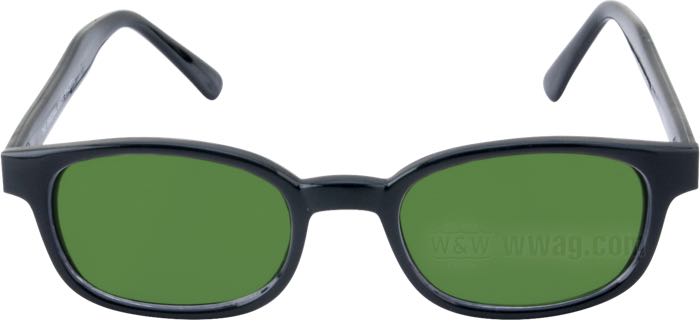 Sonnenbrille von Original KD’s; Polycarbonat; Breite: 132 mm; Material der Gläser: Polycarbonat; Farbe/Typ der Gläser: dunkelgrün; Breite der Gläser G: 47.5 mm; mit Stoffetui; Bruttogewicht: 31 g