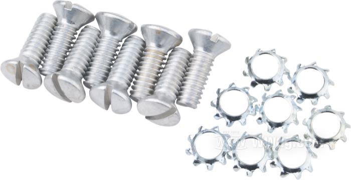 Kit viti di Colony; per Guida di punterie; atto per Big Twin 1936-1953 / 45 Cui (750 cc) 1937-1973 su carter accessorio late style; acciaio, CAD (procedimento ZnNi); testa svasata con intaglio; filettatura: 1/4”-20; lunghezza: 11/16 ” (17 mm); con rondelle a dentatura; U.S.A.; peso lordo: 51 g