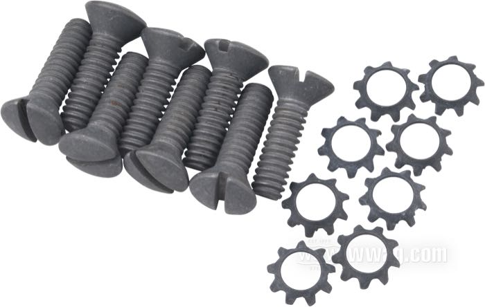 Kit viti di Colony; per Guida di punterie; atto per Big Twin 1936-1953 / 45 Cui (750 cc) 1937-1973 su carter accessorio late style; acciaio, parkerizzato; testa svasata con intaglio; filettatura: 1/4”-20; lunghezza: 7/8 ” (22 mm); con rondelle a dentatura; U.S.A.; peso lordo: 59 g