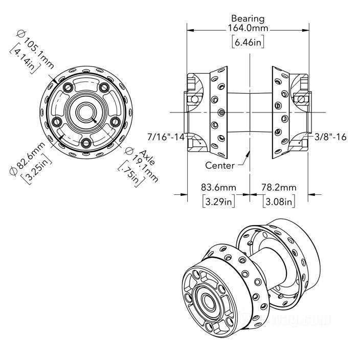 Rear hub »Wide«; fits Touring 2000-2001, Softail 2000-2007, Dyna 2000-2005, Sportster 2000-2004; aluminum, chrome-plated; Ø centering collar: 56 mm; dual flange 3/8” and 7/16