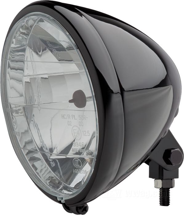 Faro completo »Phantom«; acero, negro brillante, barnizado; fondo: 130 mm; Ø 179 mm; para óptica (Ø): 6-1/2”; tipo de bombilla: H4 / W5W; 12 V; 60/55 W; casquillo: P43t / W2.1x9.5d; con bombilla 12 V; con lente incolora y reflector faceteado; con bloque de montaje; con función de luz de posición; homologado E4; peso bruto: 1.2 kg