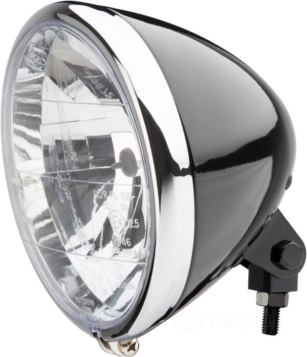 Faro completo »Phantom«; acero, negro brillante, barnizado, con anillo cromado; fondo: 130 mm; Ø 179 mm; para óptica (Ø): 6-1/2”; tipo de bombilla: H4 / W5W; 12 V; 60/55 W; casquillo: P43t / W2.1x9.5d; con bombilla 12 V; con lente incolora y reflector faceteado; con bloque de montaje; con función de luz de posición; homologado E4; peso bruto: 1.2 kg