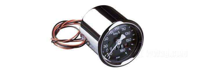 Compteur mécanique »Basic« de MMB; chromé; Ø 48 mm; filetage: M12 x 1.0; fond: noir; rapport: 1:1 (1000 tours = 60 mph); →180 km/h; éclairage: blanc; Allemagne; poids brut: 170 g