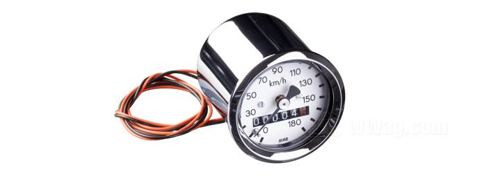 Mechanical speedometer »Basic« by MMB; chrome-plated; Ø 48 mm; thread: M12 x 1.0; dial: white; drive ratio: 2240 rpm = 60 mph; →180 km/h; illumination colour: white; Germany; gross weight: 190 g