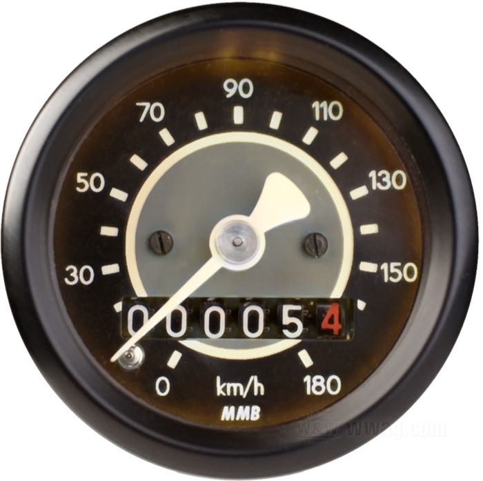 Compteur mécanique »Target« de MMB; noir; Ø 48 mm; filetage: M12 x 1.0; fond: gris / noir; rapport: 1:1 (1000 tours = 60 mph); →180 km/h; éclairage: blanc; Allemagne; poids brut: 200 g