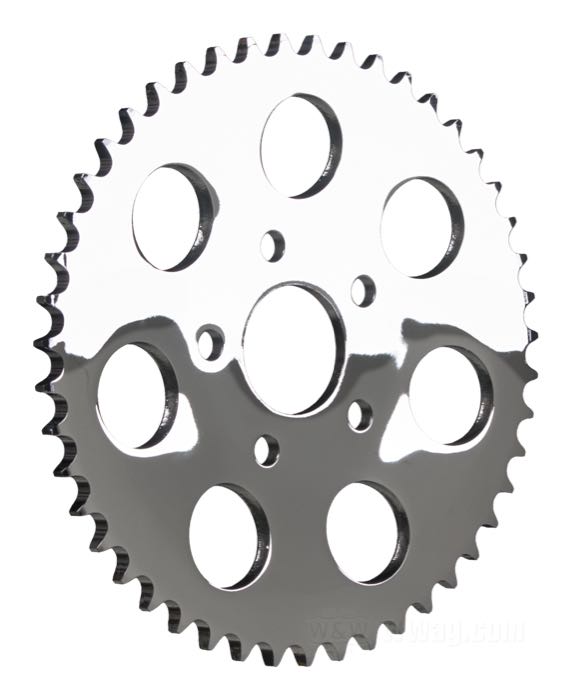 Kettenrad »Standard«; passend für Big Twin 1973-1985, Sportster 1979-1981; Stahl, verchromt; Versatz: 6 mm; Anzahl der Zähne: 47; Teilung: 530 (5/8” x 3/8”); Ø Zentrierbund: 50 mm; Bruttogewicht: 1.95 kg