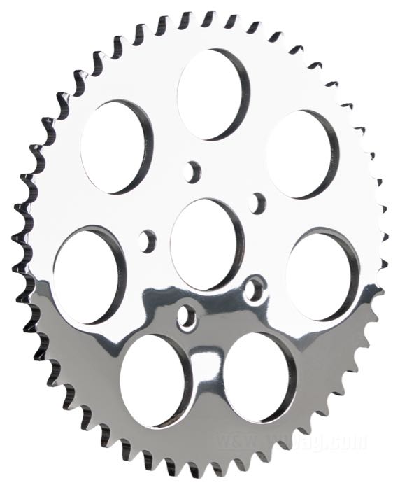 Kettenrad »Standard«; passend für Big Twin 1973-1985, Sportster 1979-1981; Stahl, verchromt; Versatz: 6 mm; Anzahl der Zähne: 49; Teilung: 530 (5/8” x 3/8”); Ø Zentrierbund: 50 mm; Bruttogewicht: 1.82 kg