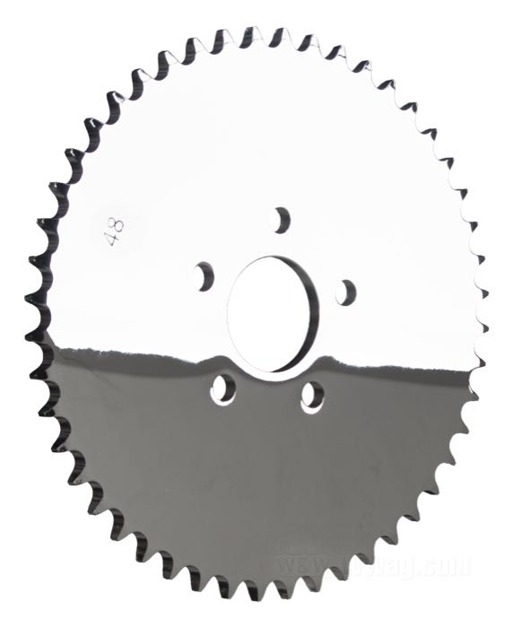 Rear sprocket »Standard Solid«; fits Sportster 1986-1992; steel, chrome-plated; offset: 0 mm; number of teeth: 48; pitch: 530 (5/8” x 3/8”); Ø centering collar: 50 mm; replaces OEM HD 41470-86; gross weight: 2.58 kg