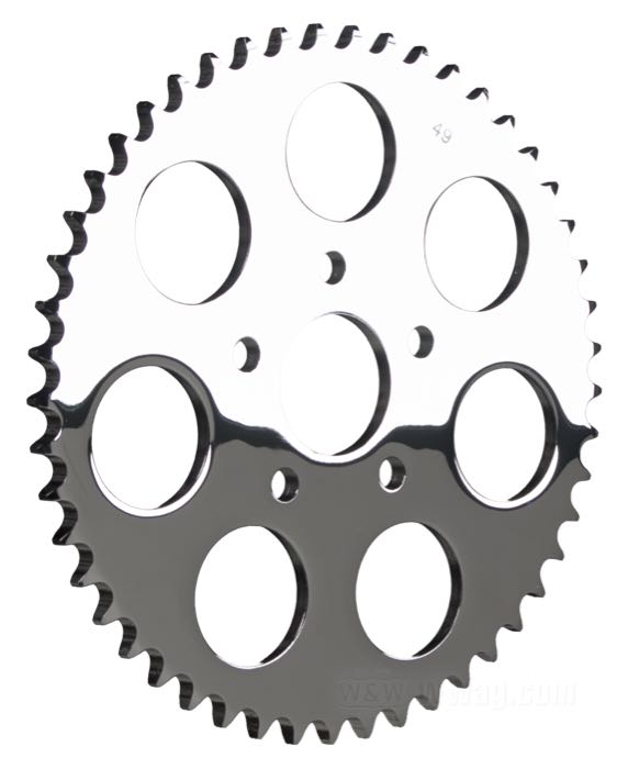 Rear sprocket »Standard«; fits Sportster 1986-1992; steel, chrome-plated; offset: 0 mm; number of teeth: 49; pitch: 530 (5/8” x 3/8”); Ø centering collar: 50 mm; gross weight: 1.88 kg