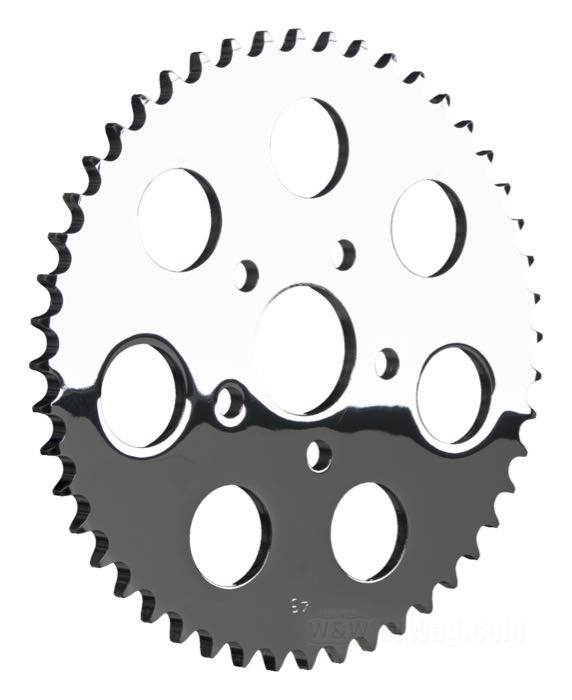 Rear sprocket »Standard«; fits Sportster 1986-1992; steel, chrome-plated; offset: 0 mm; number of teeth: 48; pitch: 530 (5/8” x 3/8”); Ø centering collar: 50 mm; replaces OEM HD 41470-86; gross weight: 2.06 kg
