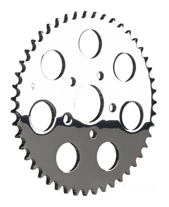 Rear sprocket »Standard«; fits Sportster 1986-1992; steel, chrome-plated; offset: 0 mm; number of teeth: 47; pitch: 530 (5/8” x 3/8”); Ø centering collar: 50 mm; gross weight: 1.93 kg