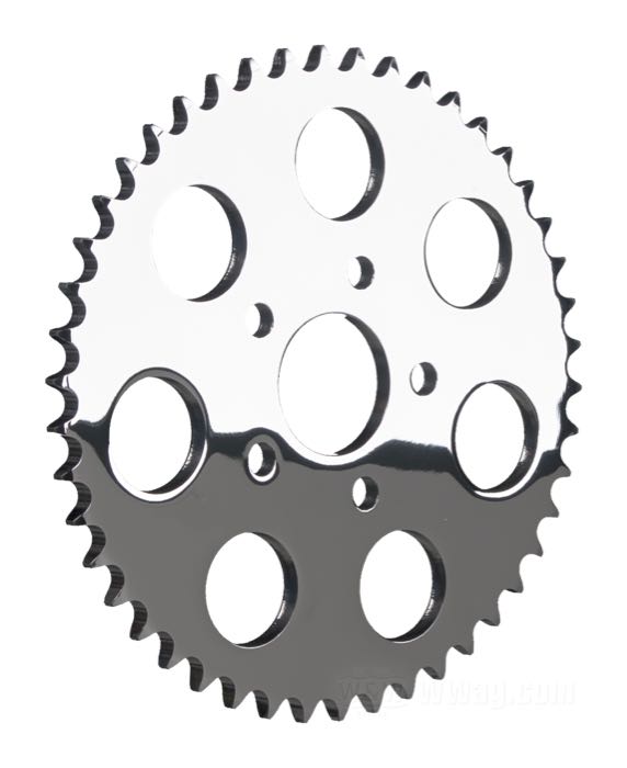 Rear sprocket »Standard«; fits Sportster 1986-1992; steel, chrome-plated; offset: 0 mm; number of teeth: 46; pitch: 530 (5/8” x 3/8”); Ø centering collar: 50 mm; gross weight: 1.83 kg