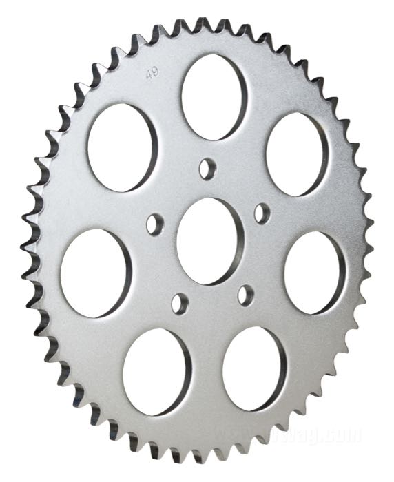Rear sprocket »Standard«; fits Sportster 1986-1992; steel, zinc plated; offset: 0 mm; number of teeth: 49; pitch: 530 (5/8” x 3/8”); Ø centering collar: 50 mm; gross weight: 1.88 kg