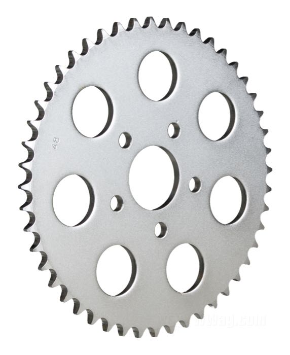 Rear sprocket »Standard«; fits Sportster 1986-1992; steel, zinc plated; offset: 0 mm; number of teeth: 48; pitch: 530 (5/8” x 3/8”); Ø centering collar: 50 mm; replaces OEM HD 41470-86; gross weight: 2.07 kg