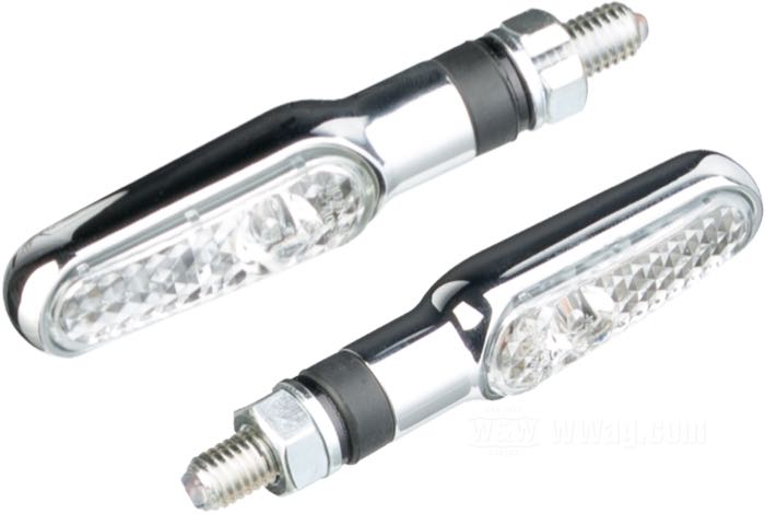 Pareja de intermitentes »D-Light« de Daytona; aluminio macizo / acero, cromado; L x A x F: 69 x 19.5 x 16 mm; tipo de bombilla: LED; lente: claro; rosca: M8; 12 V; 5 W; posición: delantero o trasero; con protector de sobretensión; homologado E9; peso bruto: 212 g