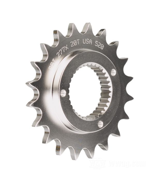 Piñón de transmisión de PBI Sprockets; apropiado para Sportsters 1991→; acero cromo-molibdeno, niquelado; número de dientes: 20; paso de los dientes: 520 (5/8” x 1/4”); EE. UU.; peso bruto: 430 g