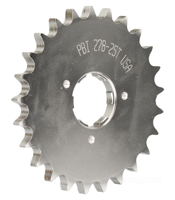 Getrieberitzel von PBI Sprockets; passend für 4 Gang Big Twins 1980-1985; Chrom-Molybdän-Stahl, vernickelt; Anzahl der Zähne: 25; Teilung: 530 (5/8” x 3/8”); USA; Bruttogewicht: 793 g