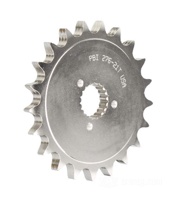 Getrieberitzel von PBI Sprockets; passend für Sportster late 1984-1990; Chrom-Molybdän-Stahl, vernickelt; Anzahl der Zähne: 21; Teilung: 530 (5/8” x 3/8”); ersetzt OEM HD 35208-84; USA; Bruttogewicht: 629 g